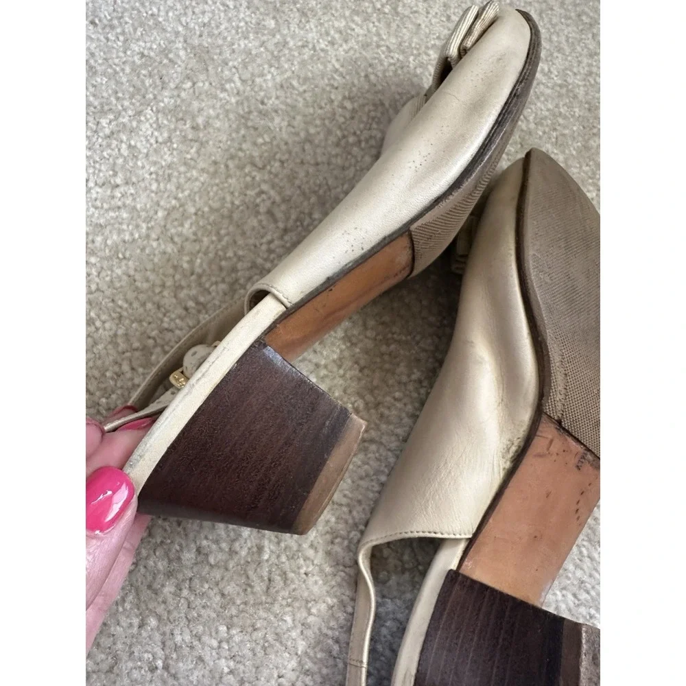 Vtg Salvatore Ferragamo Slingback‎ Cream Tan Size 6 1/2 Made In Italy